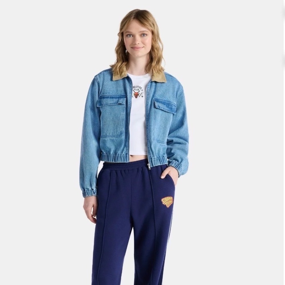 No Boundaries Stranger Things Denim Jacket Women S 4-6‎ Blue Corduroy Collar NWT